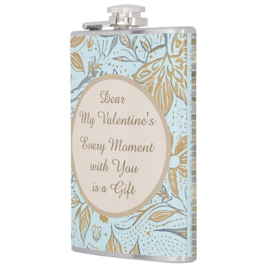 Luxury, Valentine's Day,Gold Soft Blue Flowers Art フラスク (左)