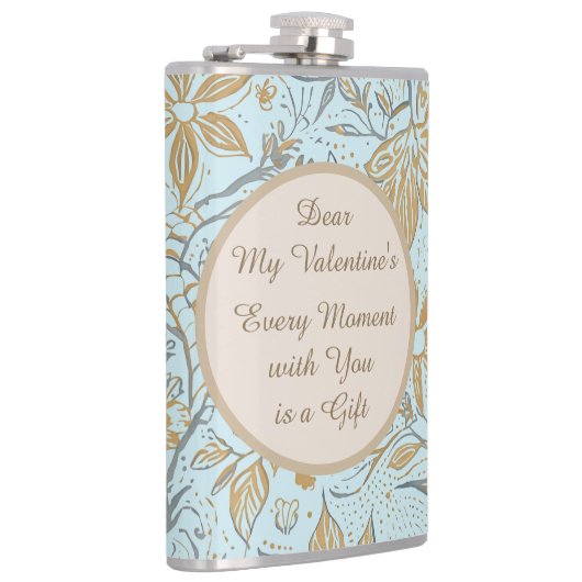 Luxury, Valentine's Day,Gold Soft Blue Flowers Art フラスク (右)