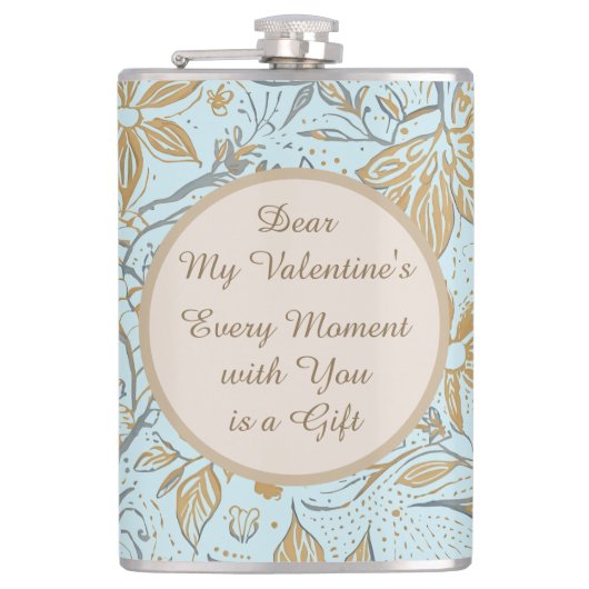 Luxury, Valentine's Day,Gold Soft Blue Flowers Art フラスク (正面)