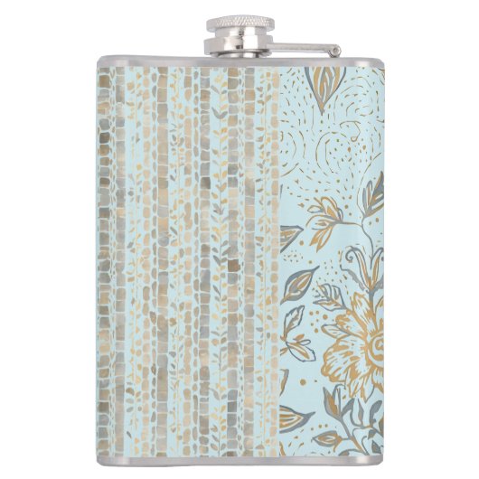 Luxury, Valentine's Day,Gold Soft Blue Flowers Art フラスク (裏面)