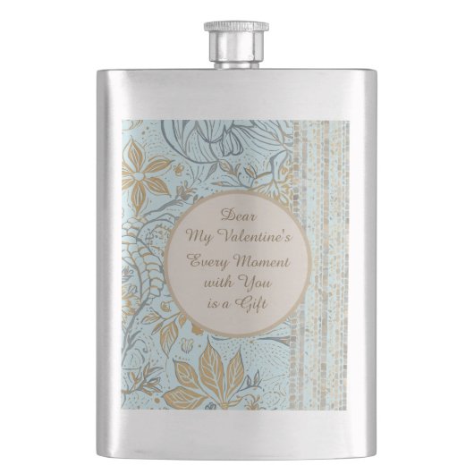 Luxury, Valentine's Day,Gold Soft Blue Flowers Art フラスク (正面)