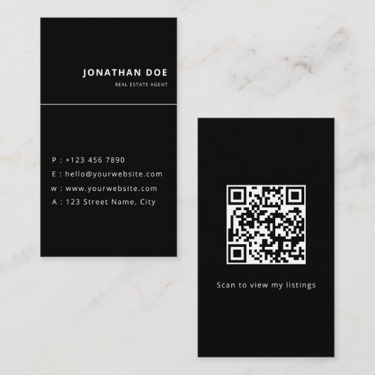 Luxury Vertical Black QR Code Realtor  名刺 (正面/裏面)