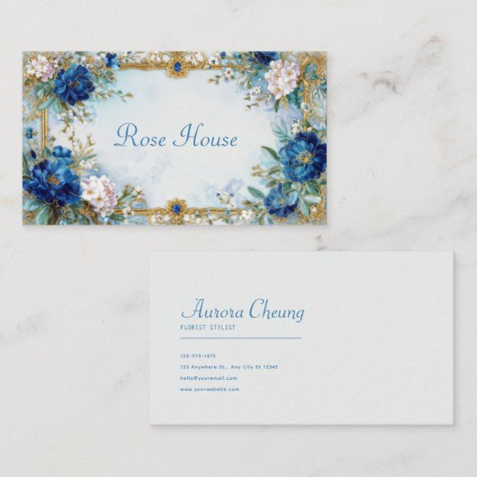Luxury Victorian Blue Floral Ornate Gold Frame 名刺 (正面/裏面)
