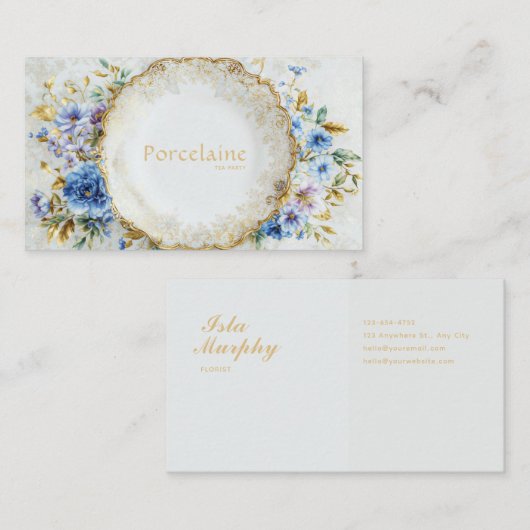 Luxury Victorian Blue Floral Ornate Gold Plate 名刺 (正面/裏面)