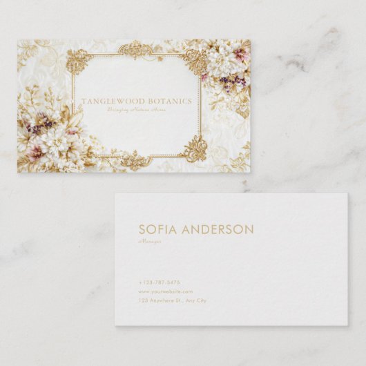 Luxury Victorian Gold Rococo Frame White Floral 名刺 (正面/裏面)