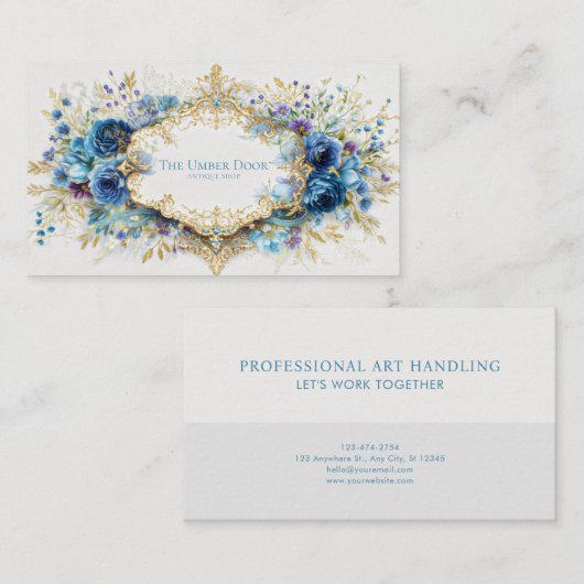 Luxury Victorian Ornate Gold Frame Blue Floral 名刺 (正面/裏面)