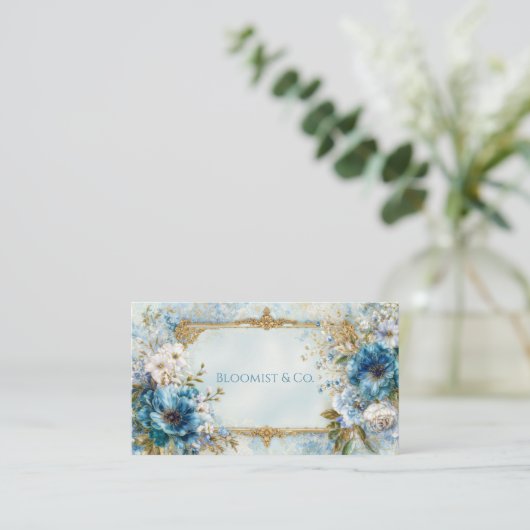 Luxury Victorian Ornate Gold Frame Blue Floral 名刺 (スタンド正面)