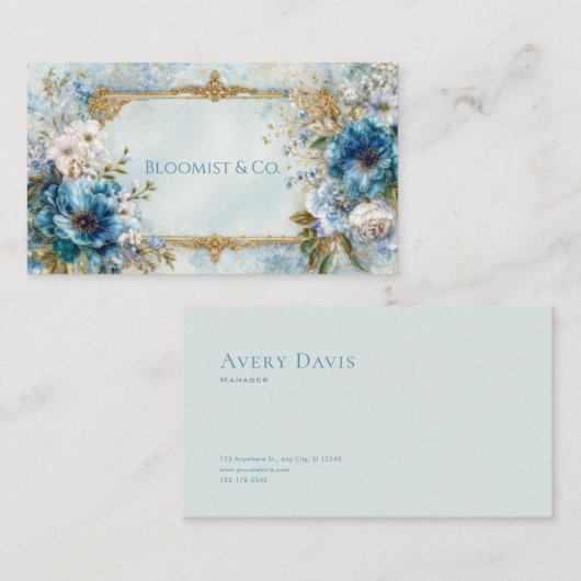 Luxury Victorian Ornate Gold Frame Blue Floral 名刺 (正面/裏面)