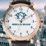 Luxury vintage blue Monogram white 腕時計<br><div class="desc">Personalized watch with the names of the bride and groom or the couple in love. This watch can be customized by changing the text with the name of the loved one or the wedding date. It can be an ideal gift for newlyweds or for silver or golden wedding anniversaries. Monogram...</div>