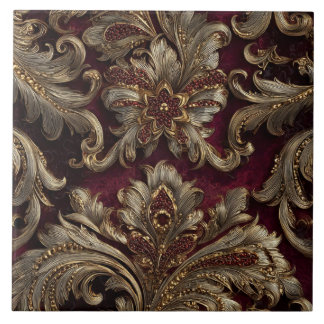 Luxury Vintage French Baroque Burgundy Gold Floral タイル