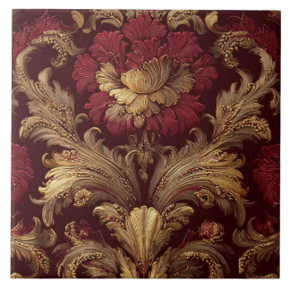 Luxury Vintage French Baroque Burgundy Gold Floral タイル