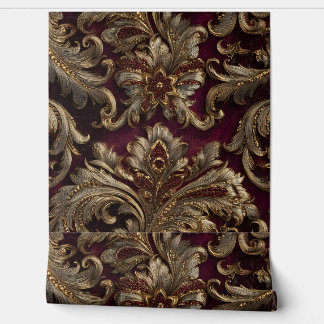 Luxury Vintage French Baroque Burgundy Gold Floral 壁紙