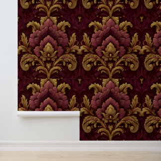 Luxury Vintage French Baroque Burgundy Gold Floral 壁紙