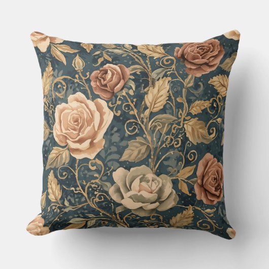 Luxury, Vintage Garden of Roses, Blue Background クッション (正面)