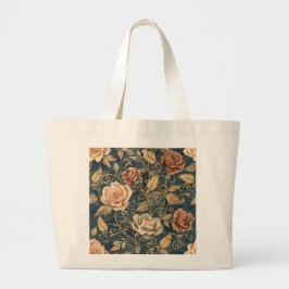 Luxury, Vintage Garden of Roses, Blue Background ラージトートバッグ