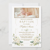 Luxury Watercolor White Floral Gold Photo Baptism  招待状 (正面)
