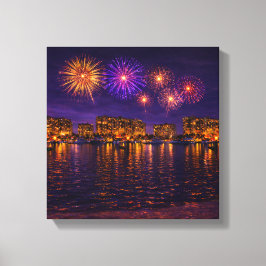 Luxury Waterfront Fireworks Night Canvas Wall Art  キャンバスプリント