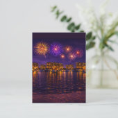 Luxury Waterfront Fireworks Night Canvas Wall Art  ポストカード (スタンド正面)