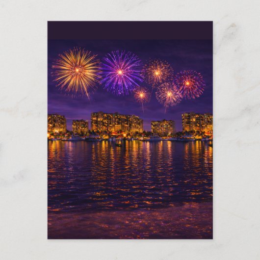Luxury Waterfront Fireworks Night Canvas Wall Art  ポストカード (正面)