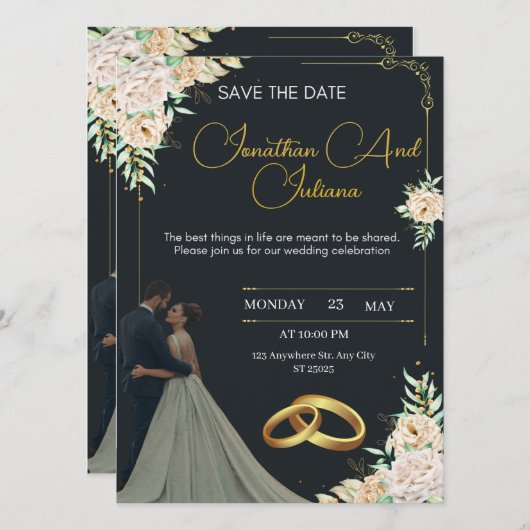Luxury Wedding Invitation Black and Gold 招待状 (正面/裏面)