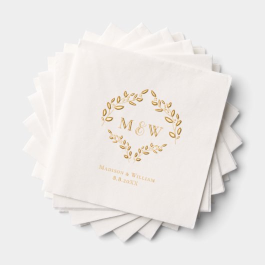 Luxury Wedding Real Gold foil leaf Monogram Crest 箔ナプキン (インサイチュ (積み重ね))