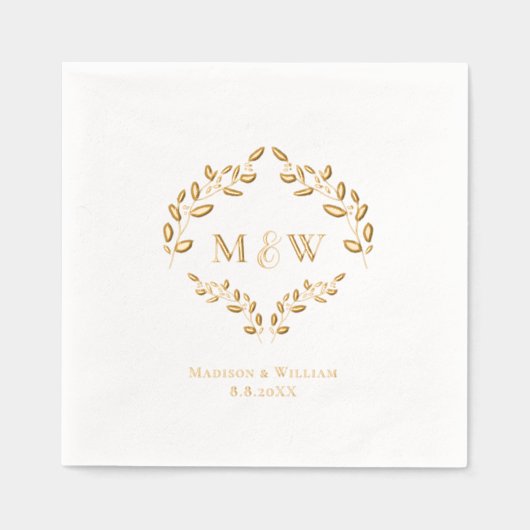 Luxury Wedding Real Gold foil leaf Monogram Crest 箔ナプキン (正面)