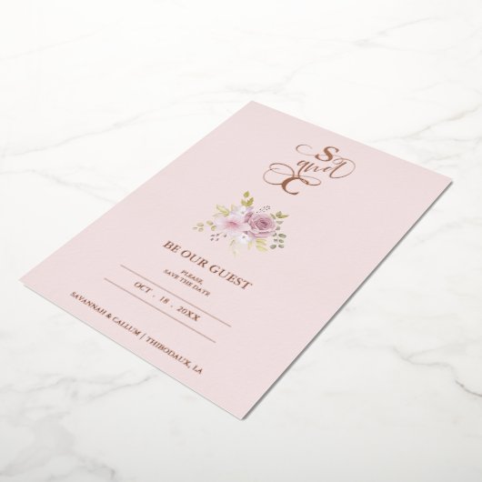 Luxury Wedding Spring Floral Pink Bouquet 箔招待状 (回転した状態)