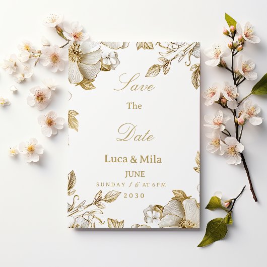 Luxury white and gold floral Save the Date 招待状