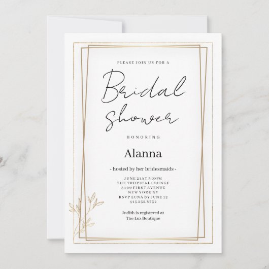 Luxury white and gold minimalist Bridal Shower 招待状 (正面)