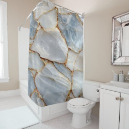 Luxury White Blue Marble & Gold Veins Agate Stone シャワーカーテン