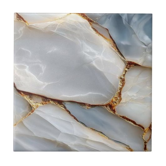 Luxury White Blue Marble & Gold Veins Agate Stone タイル (正面)