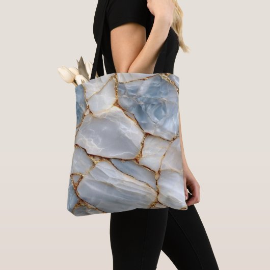 Luxury White Blue Marble & Gold Veins Agate Stone トートバッグ (クローズアップ)