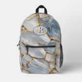 Luxury White Blue Marble & Gold Veins Agate Stone プリントバックパック (正面)