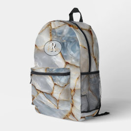Luxury White Blue Marble & Gold Veins Agate Stone プリントバックパック