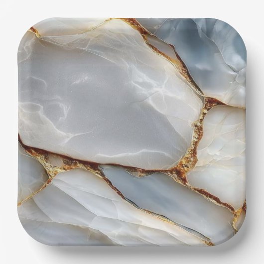Luxury White Blue Marble & Gold Veins Agate Stone ペーパープレート (正面)