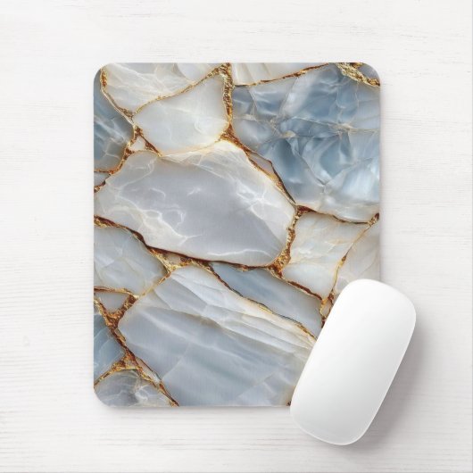 Luxury White Blue Marble & Gold Veins Agate Stone  マウスパッド (マウス)