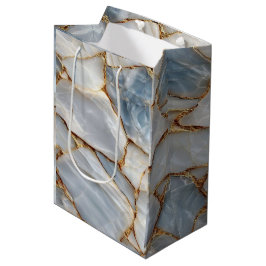 Luxury White Blue Marble & Gold Veins Agate Stone ミディアムペーパーバッグ