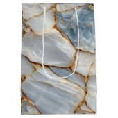 Luxury White Blue Marble & Gold Veins Agate Stone ミディアムペーパーバッグ (裏面)