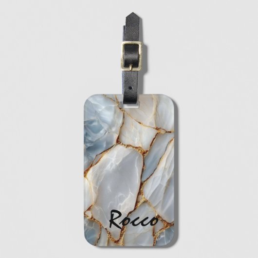 Luxury White Blue Marble & Gold Veins Agate Stone  ラゲッジタグ (正面縦)