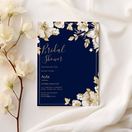 Luxury white gold floral navy blue Bridal Shower 招待状