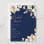 Luxury white gold floral navy blue Bridal Shower 招待状 (正面)