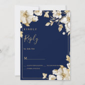 Luxury white gold floral navy blue RSVP 招待状 (正面)