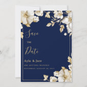 Luxury white gold floral navy blue Save the Date 招待状 (正面)