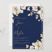 Luxury white gold floral navy blue Wedding 招待状 (正面)