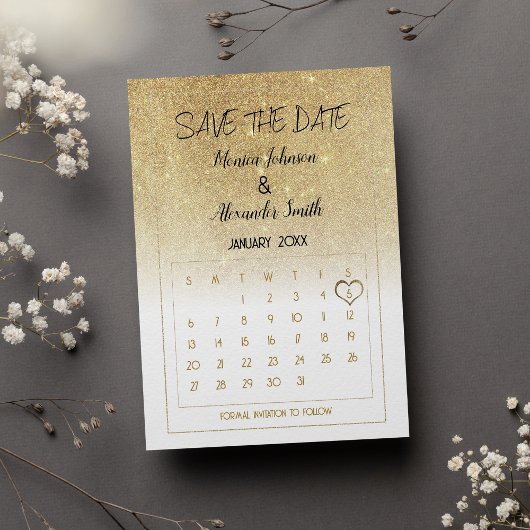 Luxury White Gold Glitter Calendar Save the Date  案内ポストカード