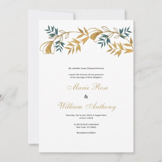 Luxury white gold grayish cyan foliage Wedding  招待状 (正面)