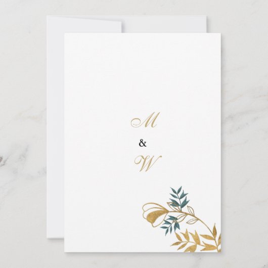 Luxury white gold grayish cyan foliage Wedding  招待状 (裏面)