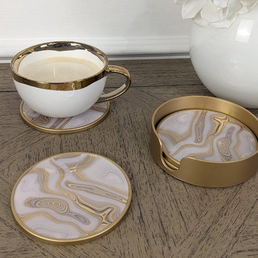 Luxury White & Gold Marble Coaster – Elegant Aesth コースター