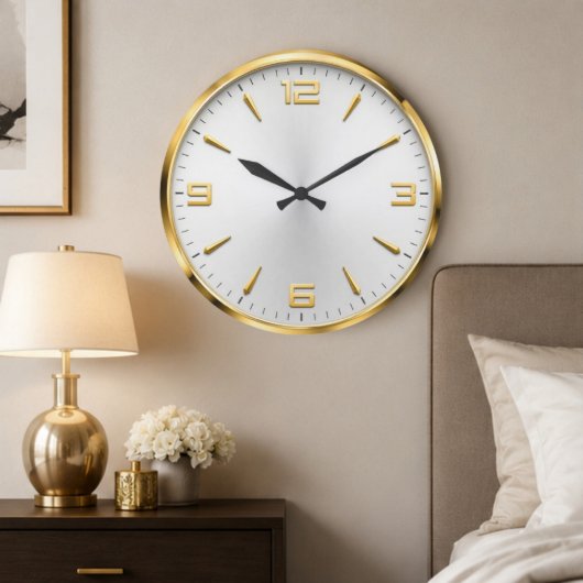 Luxury White & Gold Minimalist Modern Gold Accent ラージ壁時計