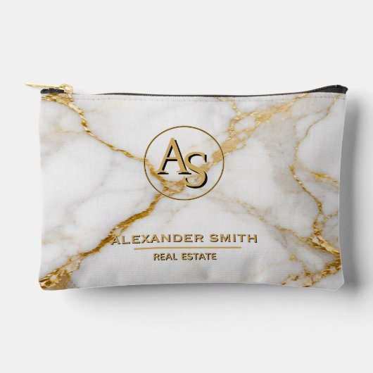 Luxury White Marble Gold Monogram Real Estate アクセサリーポーチ (正面)